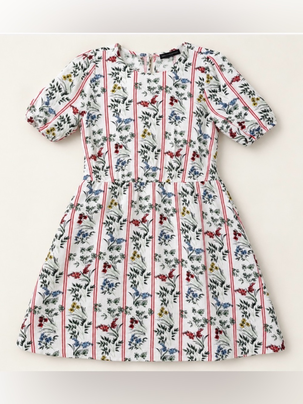 Saks Fifth Avenue 100% Linen Floral Stripe Puff Sleeve Dress M